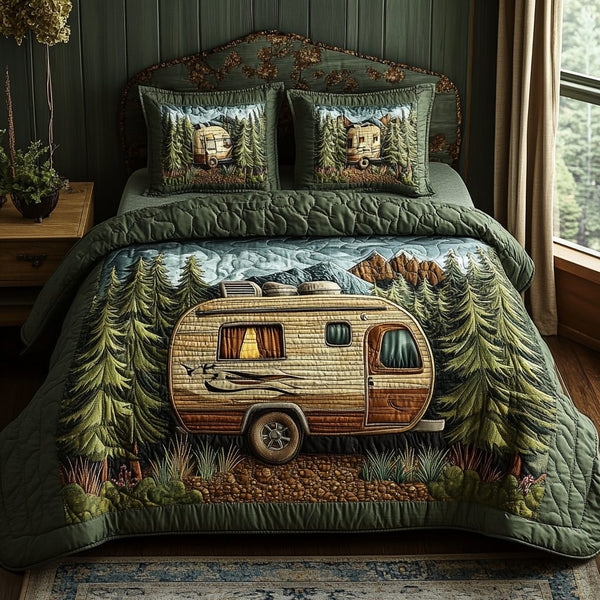 Camping RV Forest Charm quilted 3-piece bedding set on a made bed with two matching pillow shams