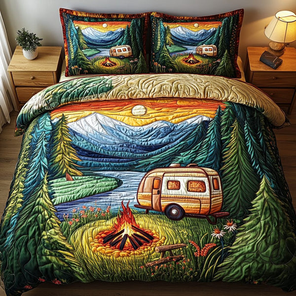 Camping RV Lake quilted 3-piece bedding set on a made bed with two matching pillow shams