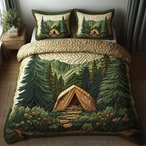 Camping Tent Forest Charm quilted 3-piece bedding set on a made bed with two matching pillow shams