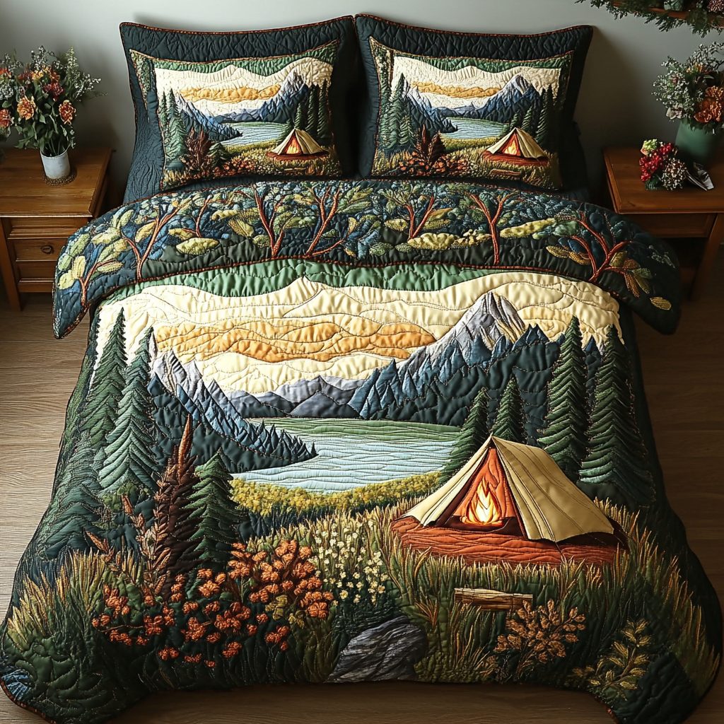 Camping Tent Forest quilted 3-piece bedding set on a made bed with two matching pillow shams