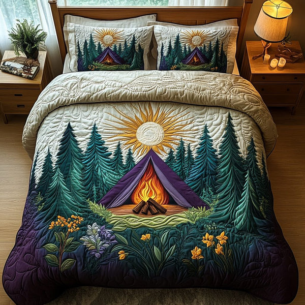 Camping Tent Sunshine quilted 3-piece bedding set on a made bed with two matching pillow shams