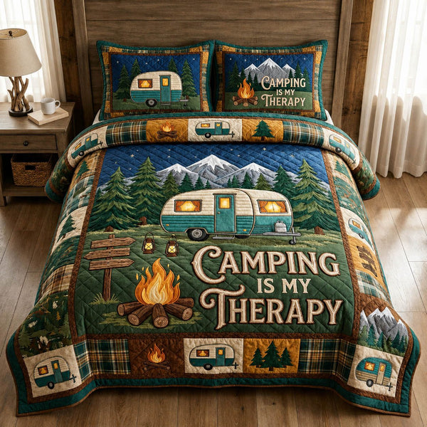 Camping Therapy quilted 3-piece bedding set on a made bed with two matching pillow shams