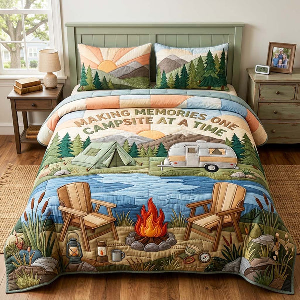 Campsite Memories quilted 3-piece bedding set on a made bed with two matching pillow shams