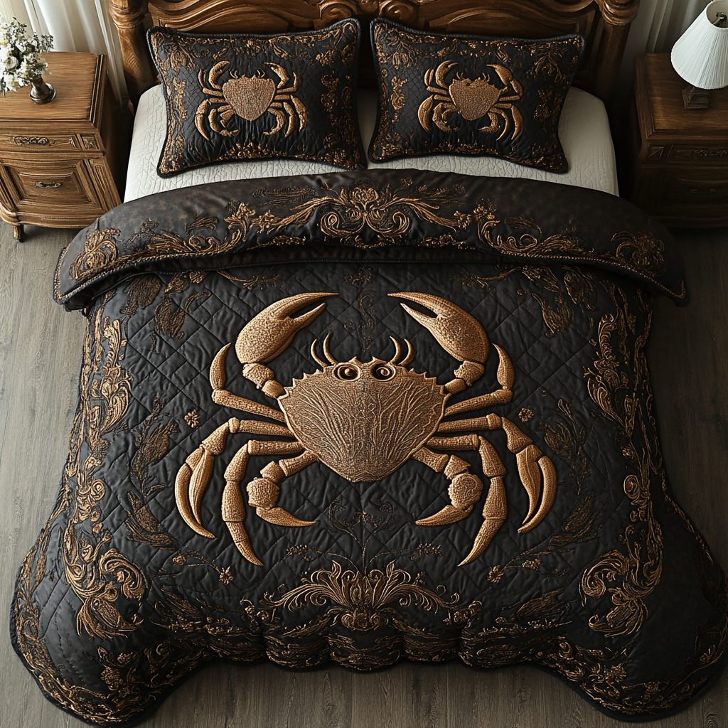 Cancer quilted 3-piece bedding set on a made bed with two matching pillow shams