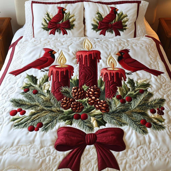 Candle Harmony quilted 3-piece bedding set on a made bed with two matching pillow shams