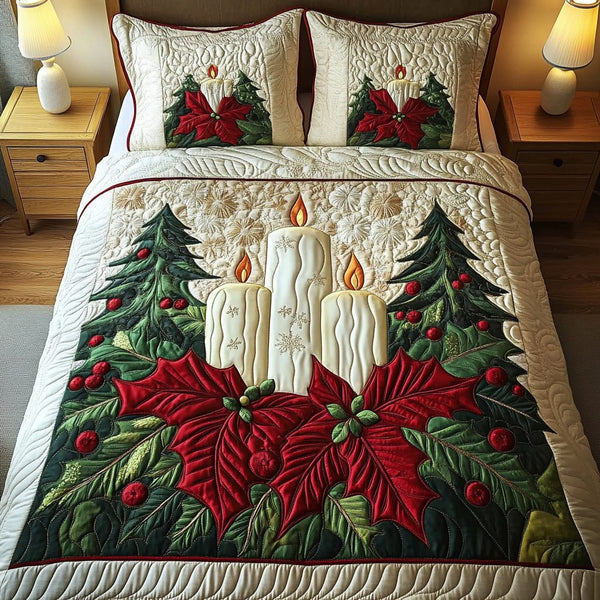 Candlelight Cheer quilted 3-piece bedding set on a made bed with two matching pillow shams