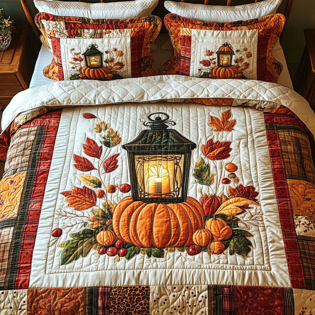 Candlelit Autumn quilted 3-piece bedding set on a made bed with two matching pillow shams