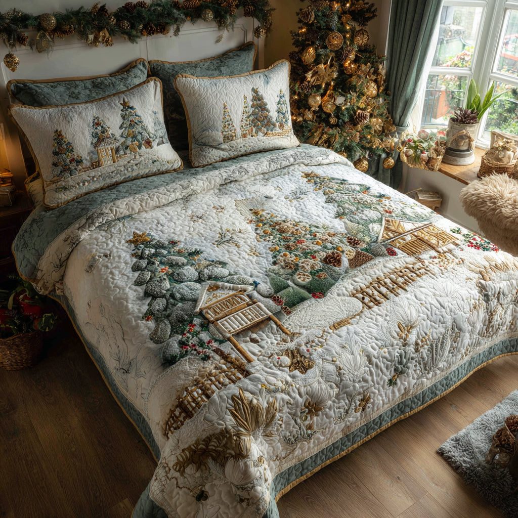 Candlelit Forest quilted 3-piece bedding set on a made bed with two matching pillow shams