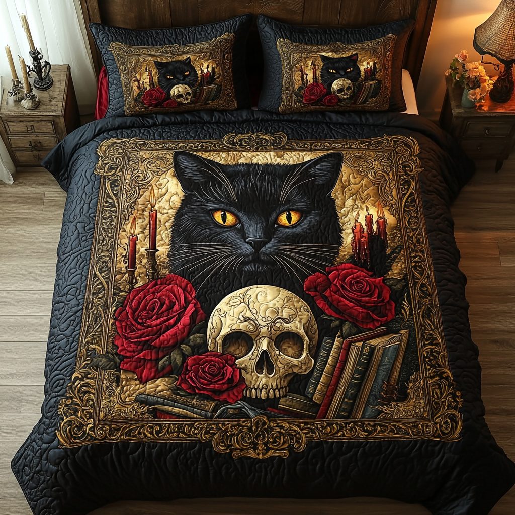 Candlelit Whiskers quilted 3-piece bedding set on a made bed with two matching pillow shams