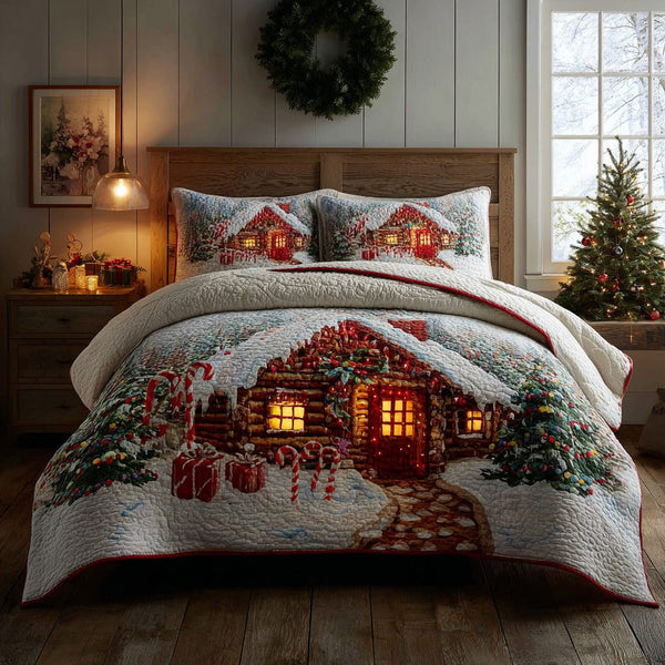 Candy Cabin quilted 3-piece bedding set on a made bed with two matching pillow shams