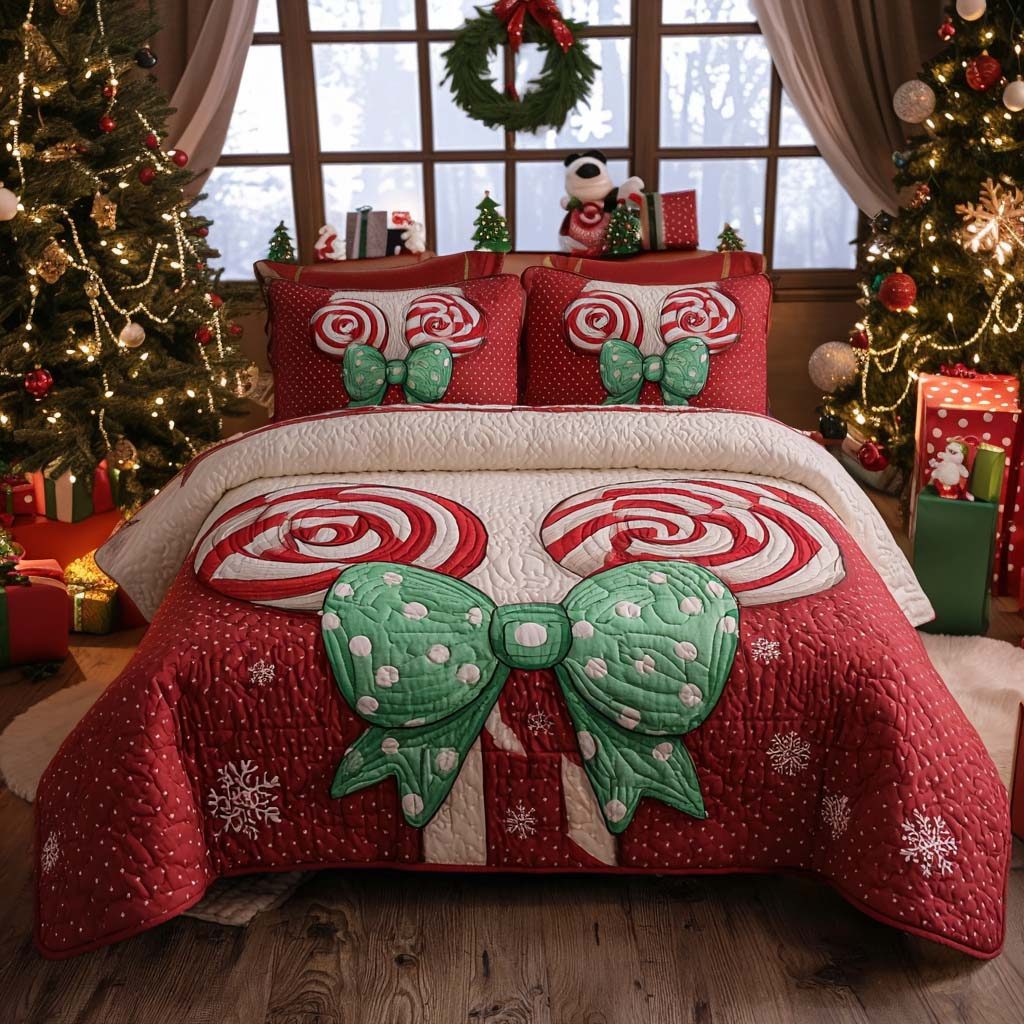 Candy Cane Bow quilted 3-piece bedding set on a made bed with two matching pillow shams
