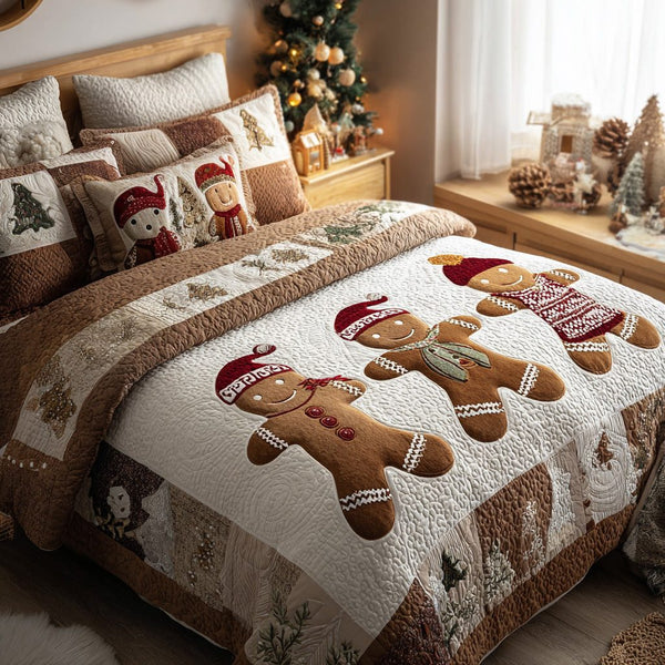 Candy Cane Companions quilted 3-piece bedding set on a made bed with two matching pillow shams