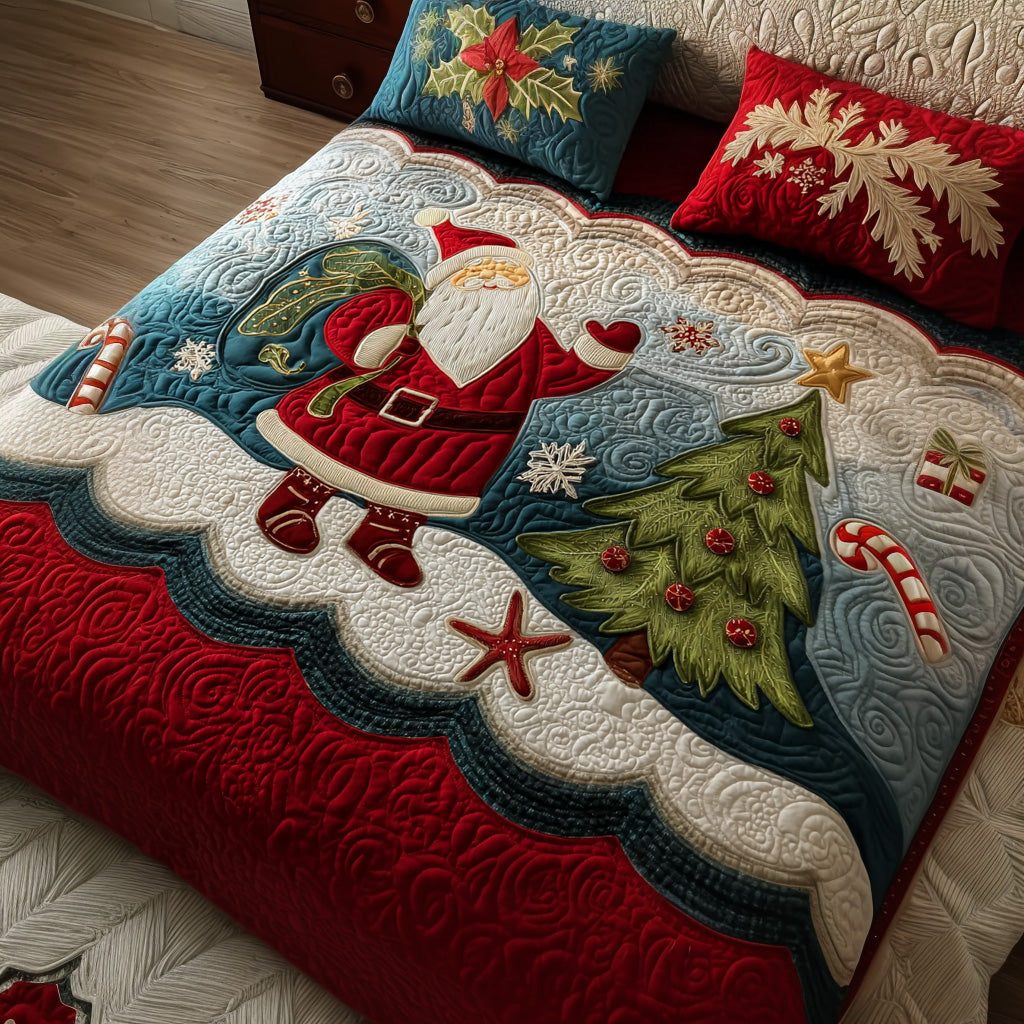 Candy Cane Cottage quilted 3-piece bedding set on a made bed in a farmhouse bedroom