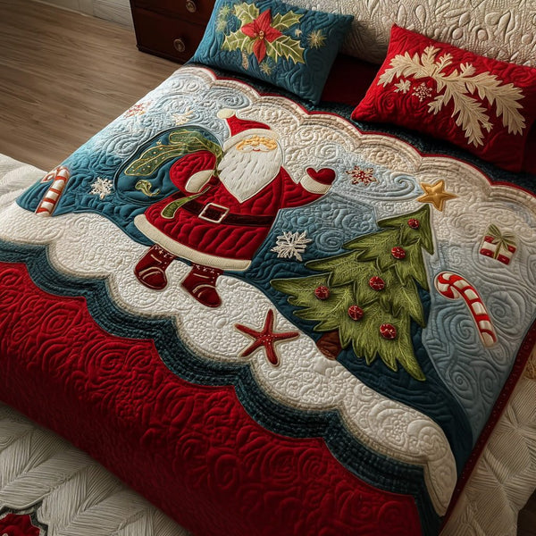 Candy Cane Cottage quilted 3-piece bedding set on a made bed in a farmhouse bedroom