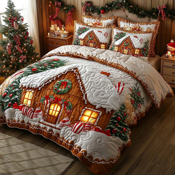 Candy Cane Cottage quilted 3-piece bedding set on a made bed in a farmhouse bedroom