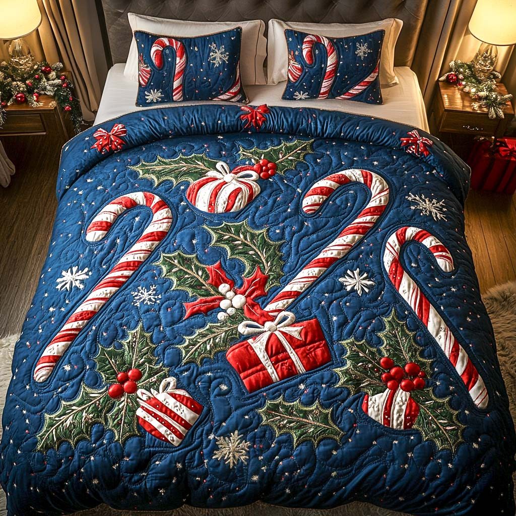 Candy Cane Dreams quilted 3-piece bedding set on a made bed with two matching pillow shams