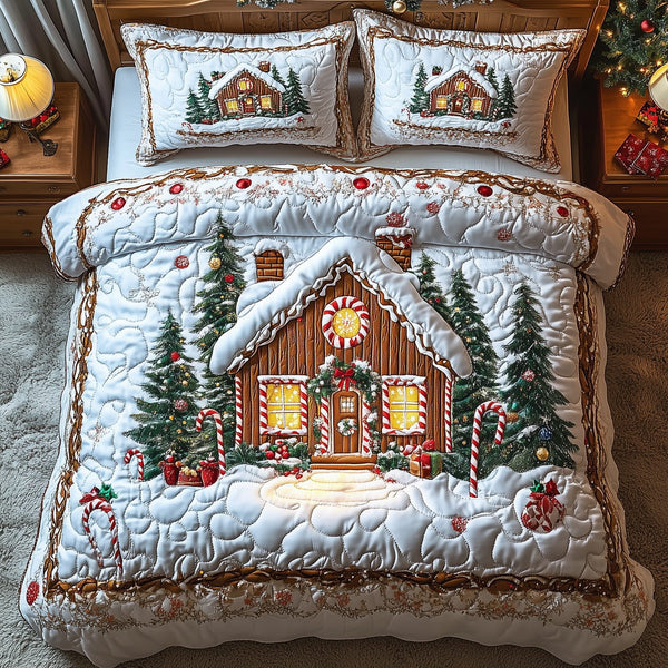 Candy Canes Cabin quilted 3-piece bedding set on a made bed with two matching pillow shams