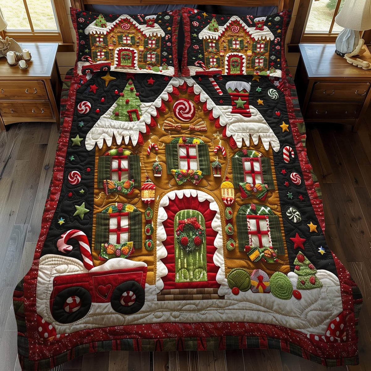 Candy Wonderland quilted 3-piece bedding set on a made bed with two matching pillow shams