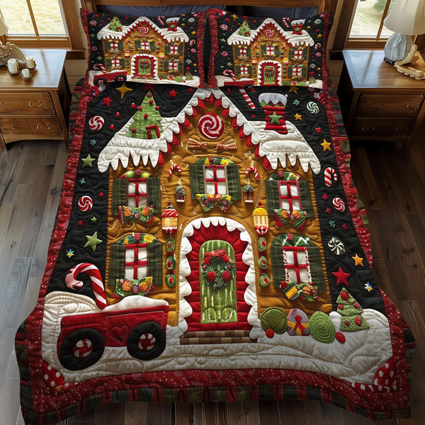 Candy Wonderland quilted 3-piece bedding set on a made bed with two matching pillow shams