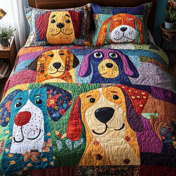 Canine Carnival quilted 3-piece bedding set on a made bed with two matching pillow shams
