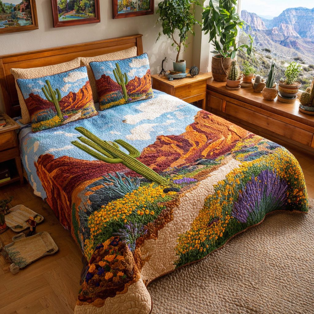 Canyon Bloom quilted 3-piece bedding set on a made bed with two matching pillow shams