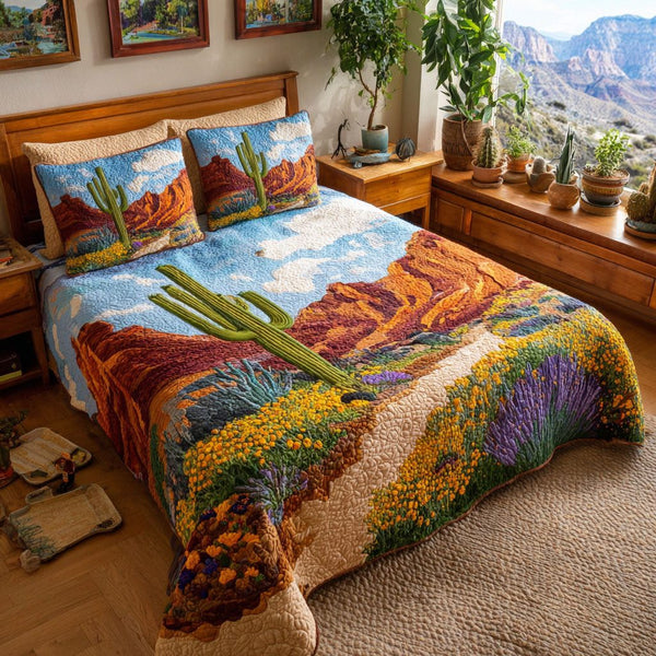 Canyon Bloom quilted 3-piece bedding set on a made bed with two matching pillow shams