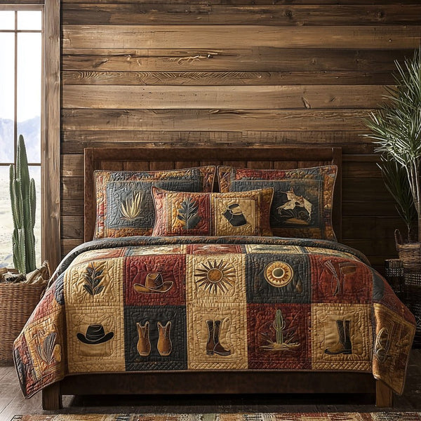 Canyon Bloom quilted 3-piece bedding set on a made bed with two matching pillow shams
