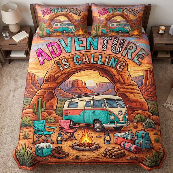 Canyon Camp quilted 3-piece bedding set on a made bed with two matching pillow shams