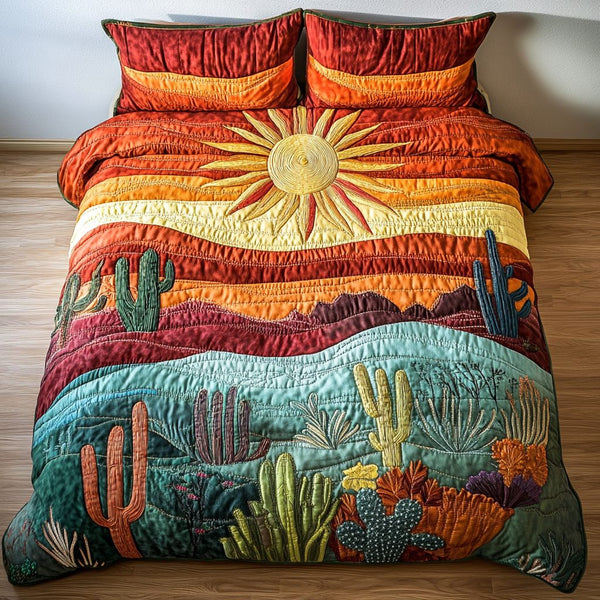 Canyon Colors quilted 3-piece bedding set on a made bed with two matching pillow shams