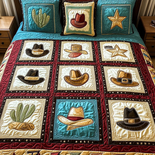 Canyon Days quilted 3-piece bedding set on a made bed with two matching pillow shams