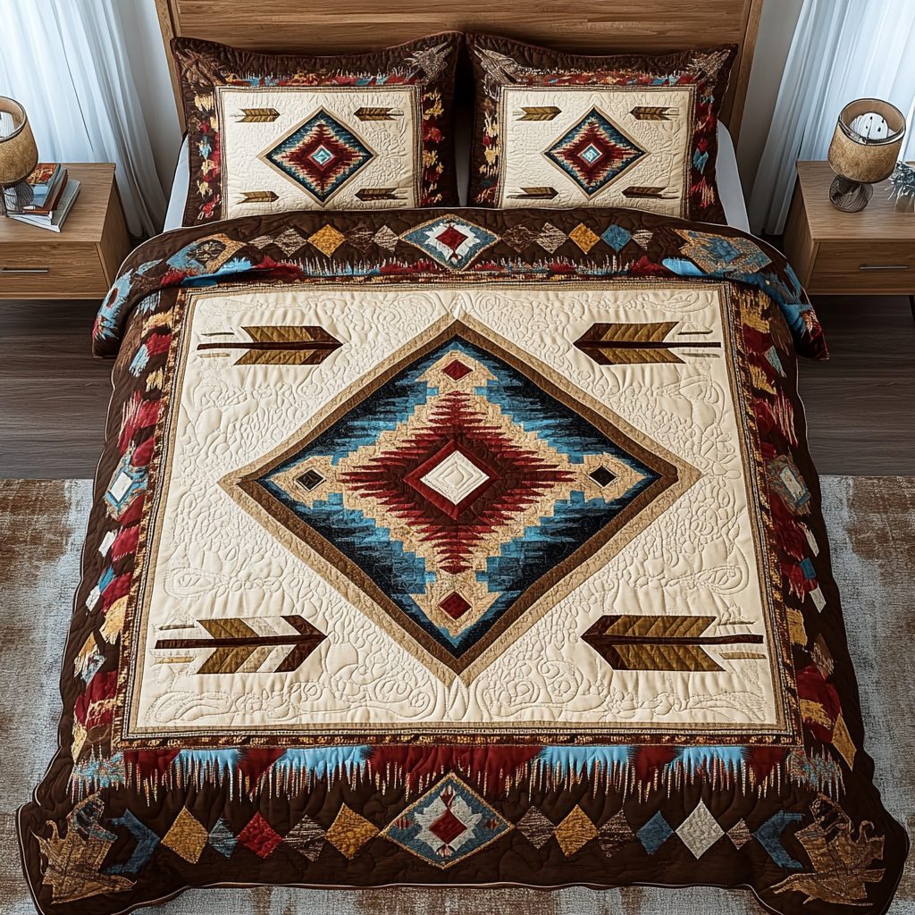 Canyon Dream quilted 3-piece bedding set on a made bed with two matching pillow shams