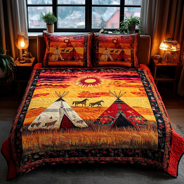 Canyon Dreaming quilted 3-piece bedding set on a made bed with two matching pillow shams