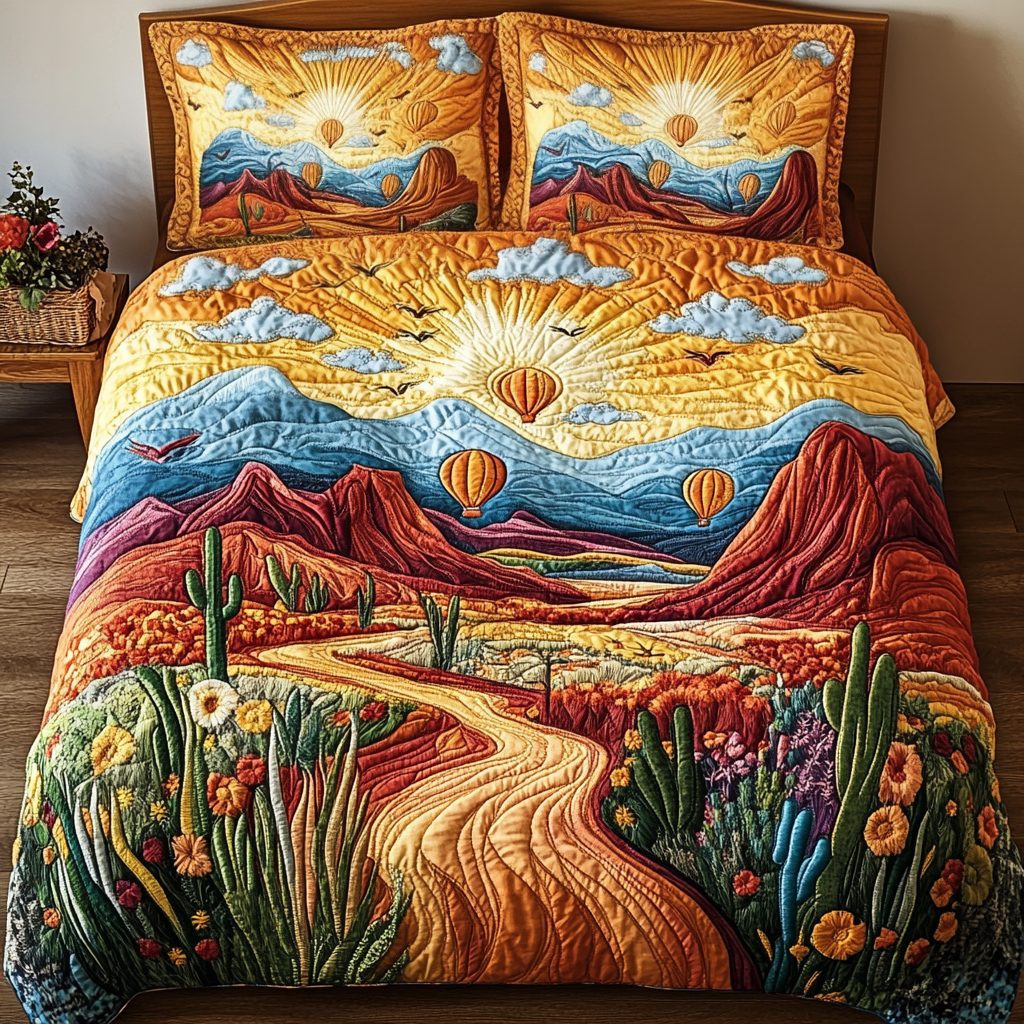 Canyon Float quilted 3-piece bedding set on a made bed with two matching pillow shams