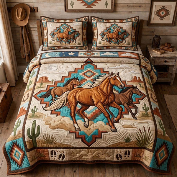 Canyon Horse Trio quilted 3-piece bedding set on a made bed in a rustic timber bedroom