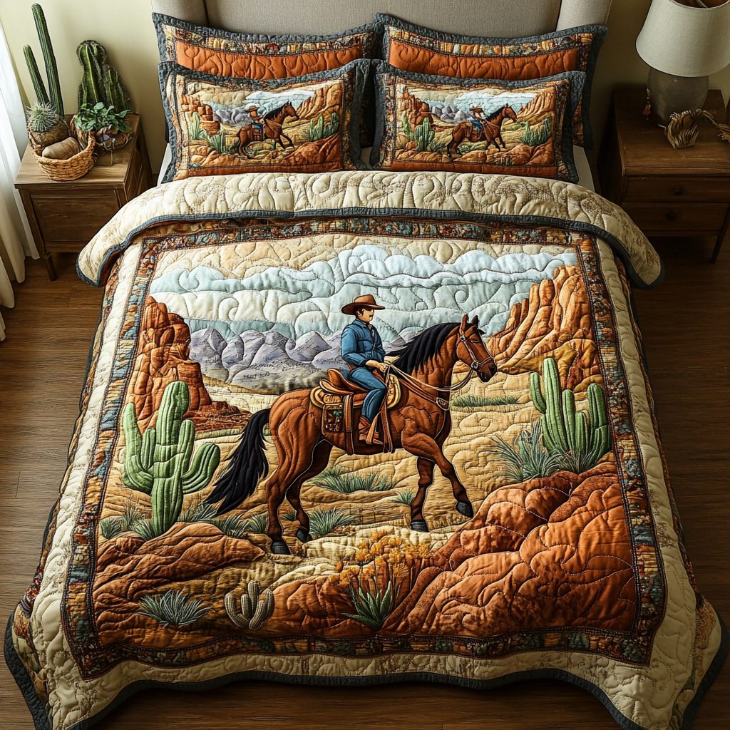 Canyon Journey quilted 3-piece bedding set on a made bed with two matching pillow shams