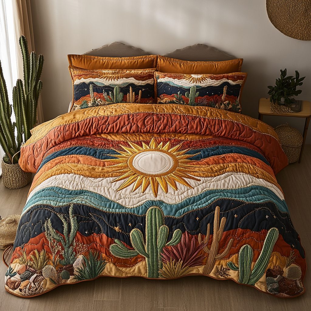 Canyon Rays quilted 3-piece bedding set on a made bed with two matching pillow shams