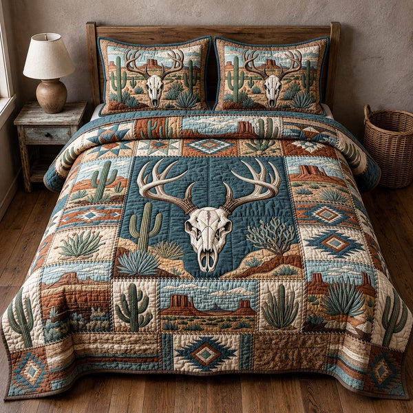 Canyon Spirit quilted 3-piece bedding set on a made bed with two matching pillow shams