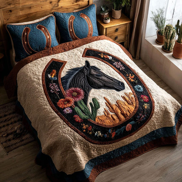 Canyon Spirit quilted 3-piece bedding set on a made bed with two matching pillow shams