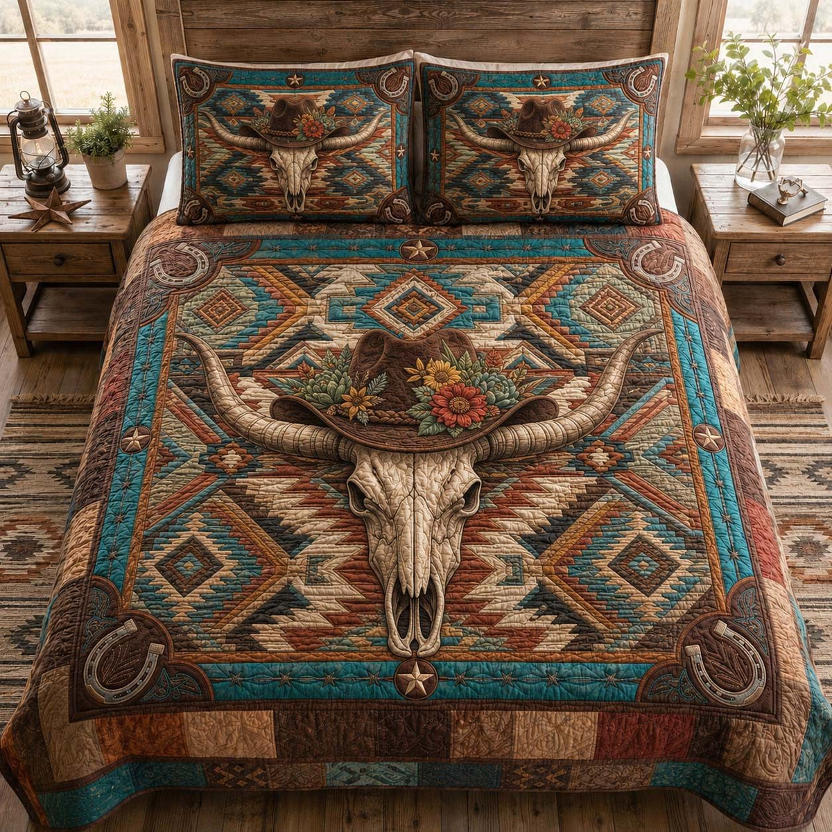 Canyon Spirit quilted 3-piece bedding set on a made bed with two matching pillow shams