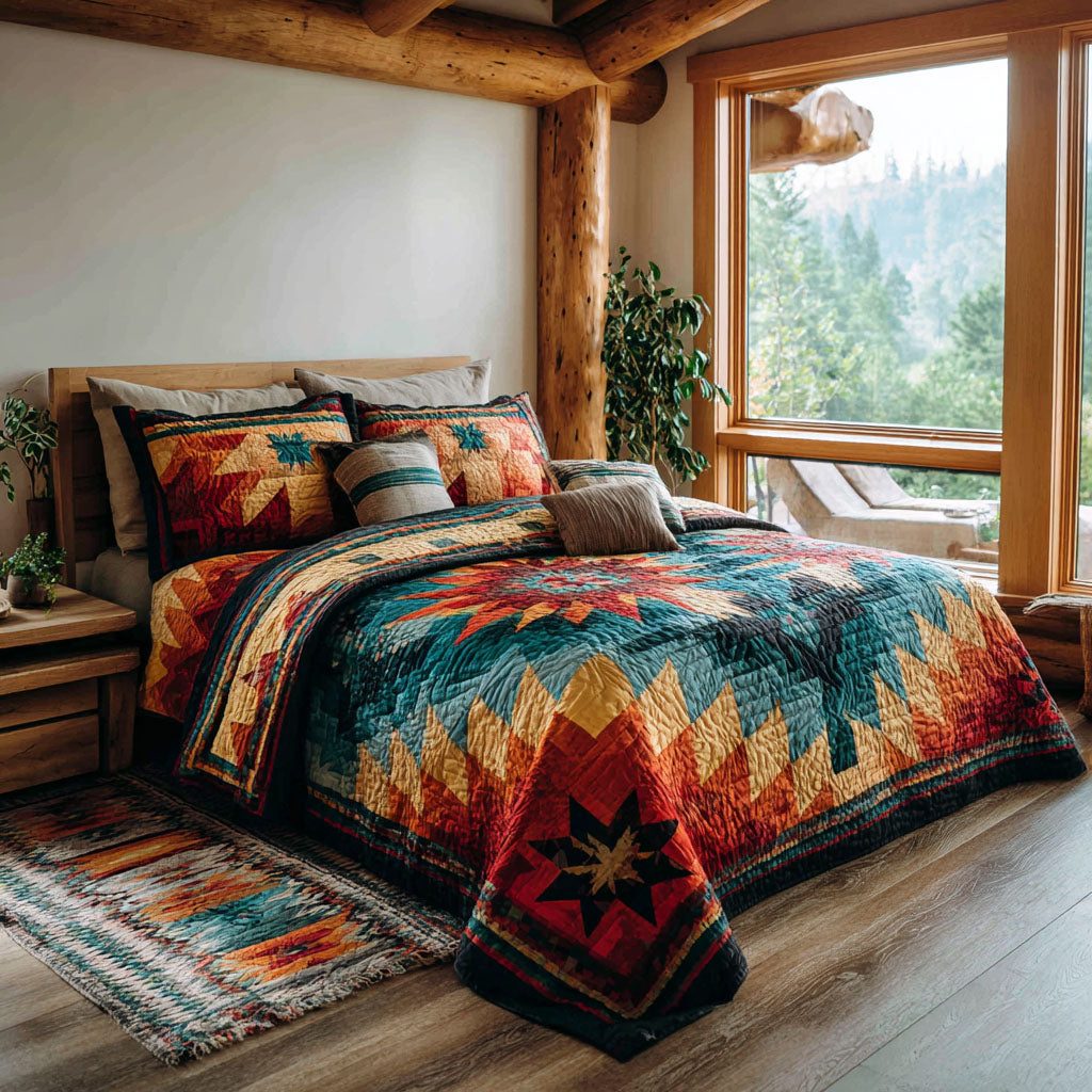 Canyon Star quilted 3-piece bedding set on a made bed with two matching pillow shams