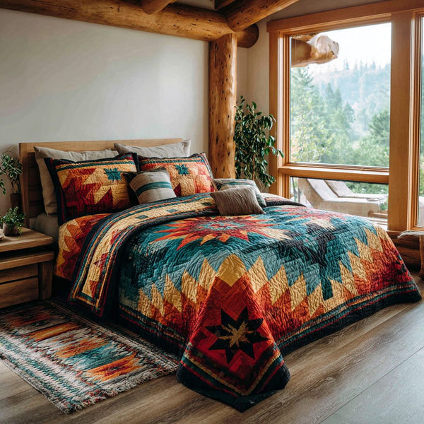 Canyon Star quilted 3-piece bedding set on a made bed with two matching pillow shams