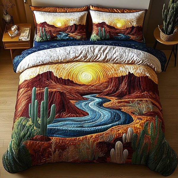 Canyon Waves quilted 3-piece bedding set on a made bed in a light coastal bedroom