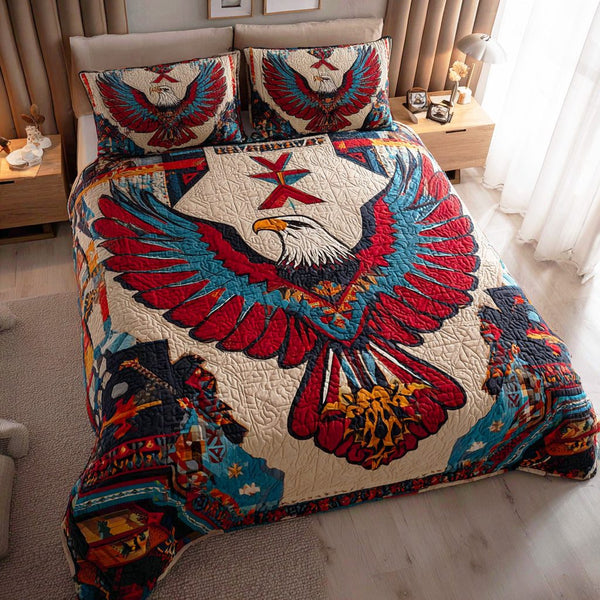 Canyon Whisper quilted 3-piece bedding set on a made bed with two matching pillow shams