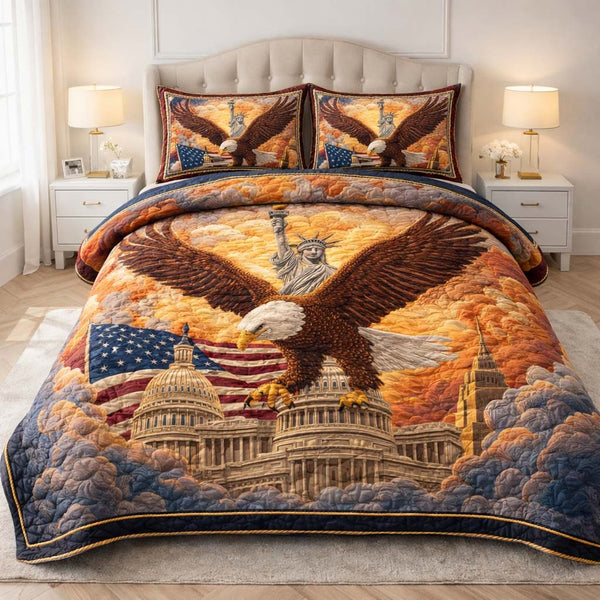 Capitol Majesty quilted 3-piece bedding set on a made bed with two matching pillow shams