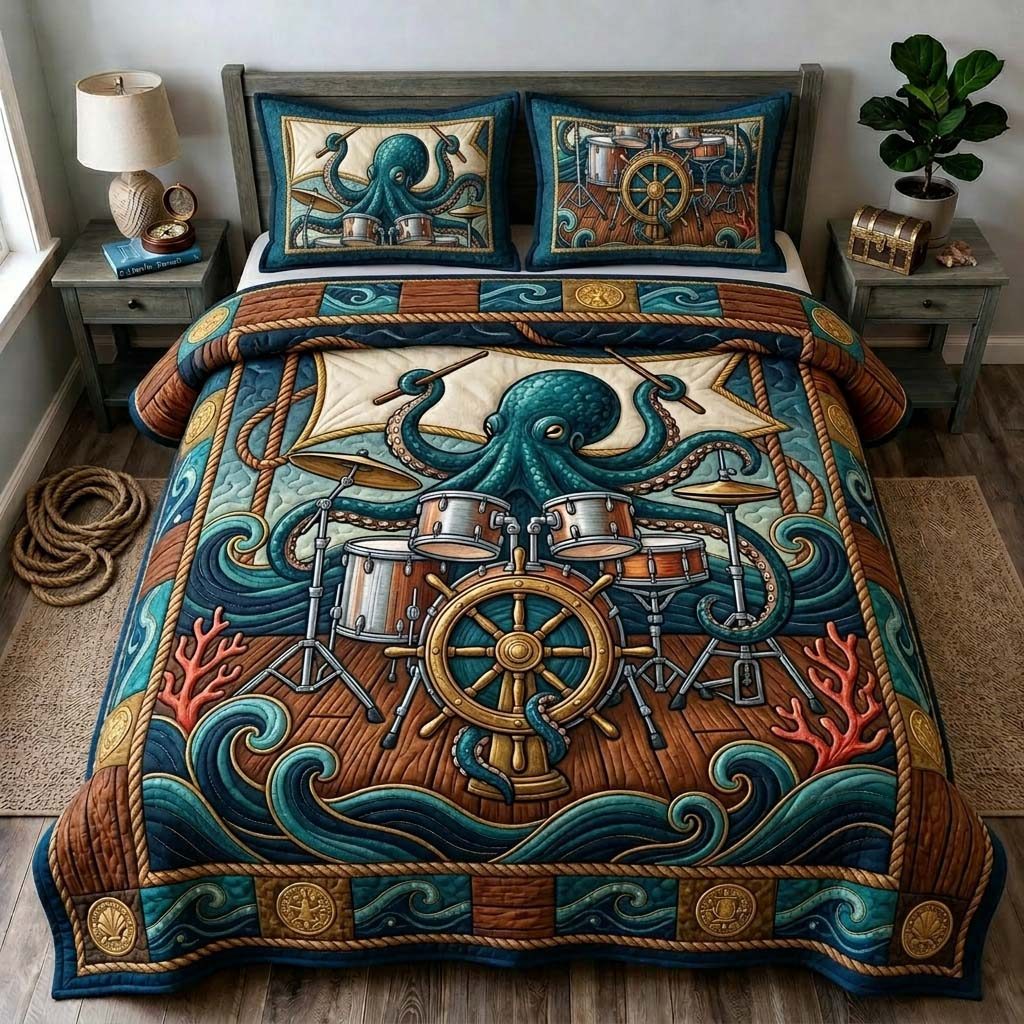Captain Drum Kraken quilted 3-piece bedding set on a made bed with two matching pillow shams
