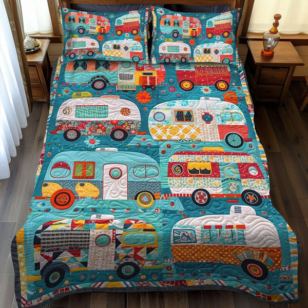 Caravan Dreams quilted 3-piece bedding set on a made bed with two matching pillow shams