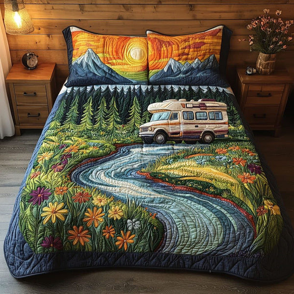 Caravanning Bliss quilted 3-piece bedding set on a made bed with two matching pillow shams