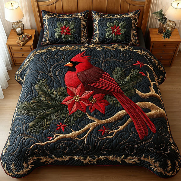 Cardinal Beauty quilted 3-piece bedding set on a made bed with two matching pillow shams