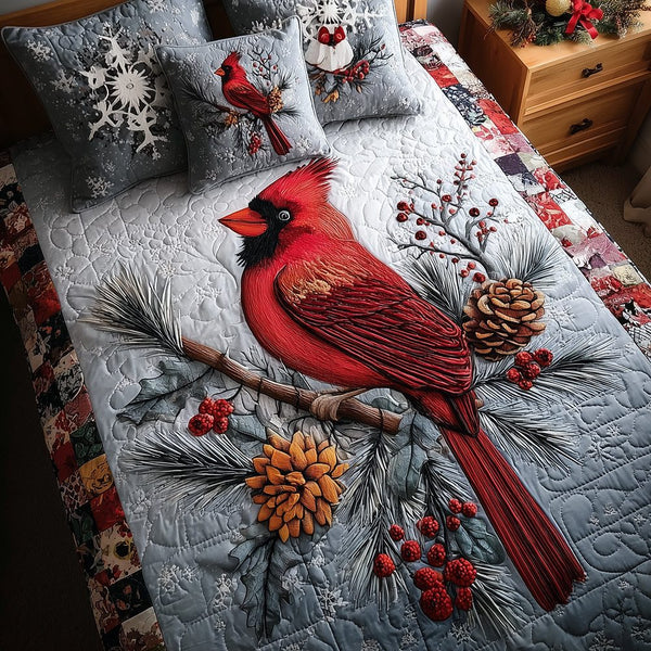 Cardinal Berry Blessing quilted 3-piece bedding set on a made bed with two matching pillow shams