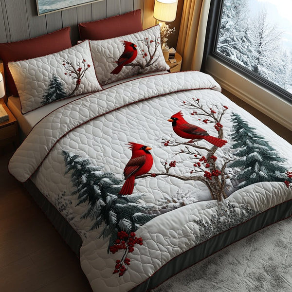 Cardinal Bloom quilted 3-piece bedding set on a made bed with two matching pillow shams